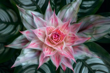 Poster - Pink Bromeliad with star shaped flowers on green silver leaves