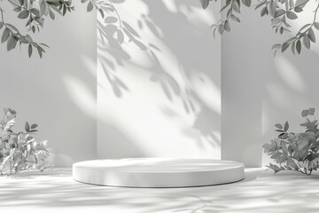 Wall Mural - White studio and podium with shadow leaves on cement floor backdrop 3D display room with stand for cosmetic product presentation sale online shop in winter season