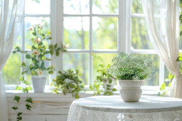 Canvas Print - White table and window with blurry background