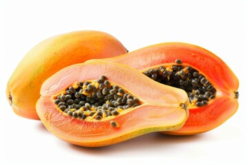 Canvas Print - Whole and half of ripe papaya on white background