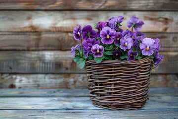 Canvas Print - Wicker pot with purple pansy flowers on wooden surface