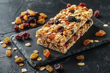 Wall Mural - Wholesome muesli bars with raisins and dried berries on a dark background