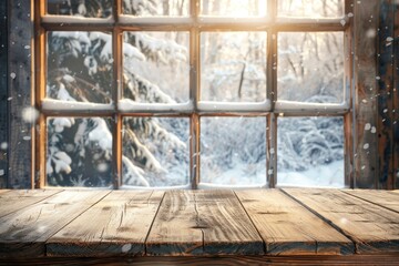 Wall Mural - Winter window background with wooden table