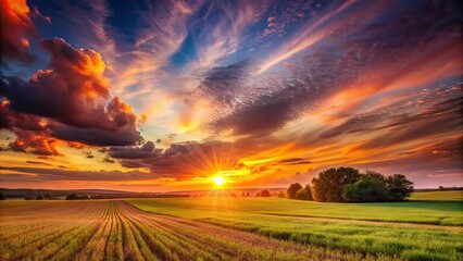 Poster - Sunset over a serene field with vibrant colors , sunset, field, sky, landscape, nature, tranquil, colorful, evening, dusk