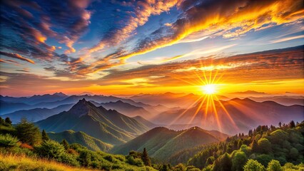 Canvas Print - Majestic sunrise over the mountains in the hot season , mountain, sunrise, sun rays, greatness, majestic, landscape, nature, scenic