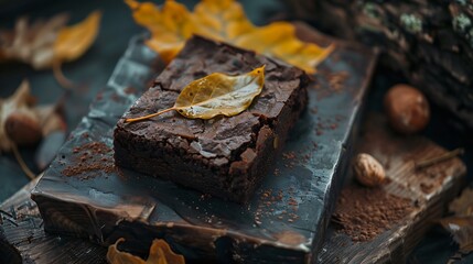 A layer of dark brownies with a mustard leaf on an iron board