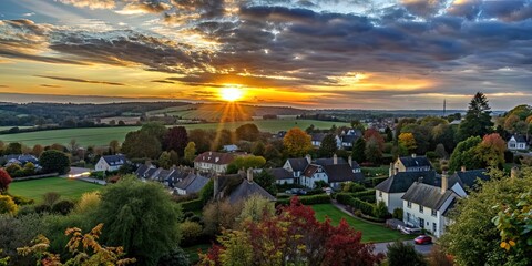 Canvas Print - Autumn sunset over a quaint village , fall, sunset, village, countryside, tranquil, cozy, dusk, orange sky, autumnal, peaceful