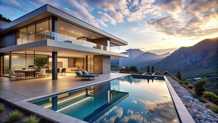 Canvas Print - Luxurious modern mansion with infinity pool and stunning mountain views, luxury, home, mansion