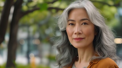 Wall Mural - A woman with gray hair standing in the park.