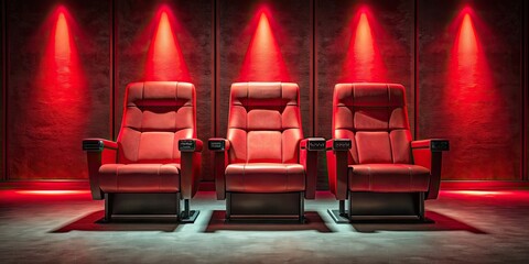 Poster - Three red cinema chairs in dark room with red lighting, cinema, chairs, empty, red, leather, room, dark