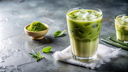 Poster - Close-up of refreshing iced matcha latte with ice cubes and condensation, matcha, latte, green tea, beverage, drink, iced