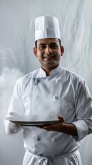 Poster - A chef holding a plate with smoke coming out of it.