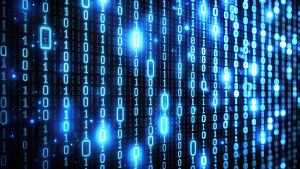 Wall Mural - digital concept of binary code represented by glowing numbers on black background, technology, data,