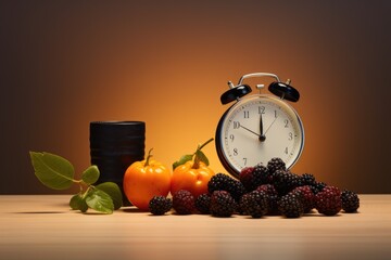 Wall Mural - Tranquil Pre-Dawn Refreshment with Fruits and Clock