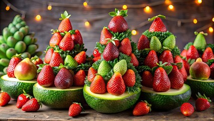 Canvas Print - Beautiful Christmas avocados and strawberry fruit on display, festive, holiday, unique, red, green, food, organic, healthy