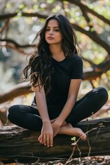 Poster - A woman sitting on a log in the woods.