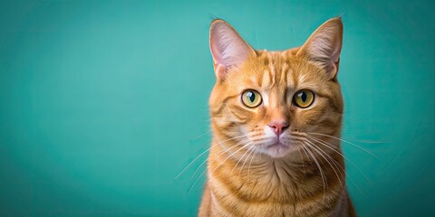 Poster - Close-up of orange tabby cat against teal background, capturing curious and serene expression, orange tabby, cat, feline, pet