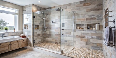 Canvas Print - Luxurious bathroom renovation with rainfall shower and natural stone tiles, bathroom, renovation