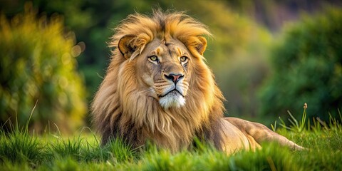 Wall Mural - A beautiful lion relaxing in the grass, lion, wildlife, nature, animal, grass, relaxing, majestic, peaceful, king of the jungle