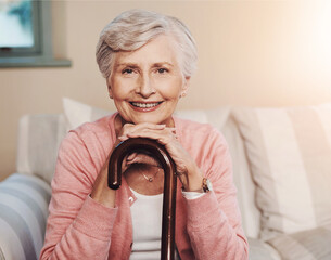 Sticker - Portrait, elderly woman and relax with walking stick in nursing home, retirement and peace of memory. Smile, female person and support with disability, care and assistance for wellness at house