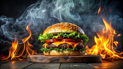 Wall Mural - Hot cheese burger engulfed in smoke and fire on a dark background, burger, cheese, hot, smoke, fire, flames, grilling, food