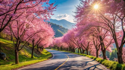 Poster - Pink cherry blossoms lining a mountain road on a sunny day, cherry blossoms, pink, mountain road, sunny, spring, nature