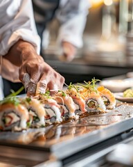 Wall Mural - Exquisite sushi roll close up, Chef decorating a roll, foreground focus, detailed food photo