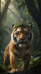 a tiger with a crown on its head walking through the jungle