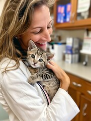 Canvas Print - A woman holding a kitten in her arms.