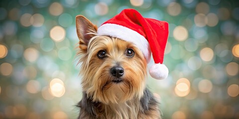 Poster - Australian Terrier dog wearing Santa hat on blurred Christmas background, Australian Terrier, dog, Santa hat