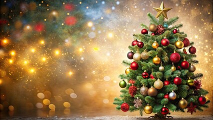 Wall Mural - Christmas background with beautifully decorated Christmas tree, festive, holiday, celebration, ornaments, lights, decorations