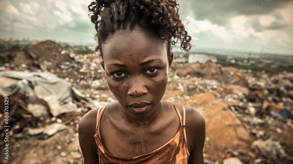 serious-black-woman-poses-in-a-public-garbage-dump-of-a-third-world