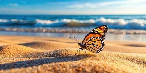 Canvas Print - Butterfly perched beautifully on a sandy beach, Butterfly, sand, beach, wings, colorful, insect, nature, peaceful, serene