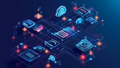 Network with software tools and AI icons interconnected in blue.