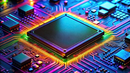 Poster - Close-up of a vibrant, high-tech microchip on a colorful circuit board with neon lighting , technology