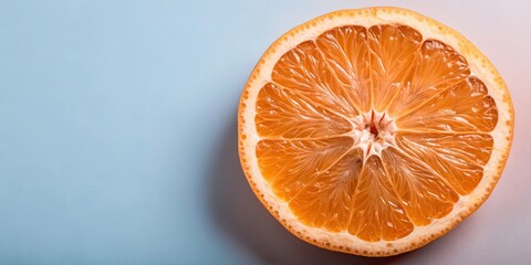 Sticker - Close up image of a ripe half cut fresh orange fruit on a minimalist blue vibrant background, Orange, fruit, close up, half cut