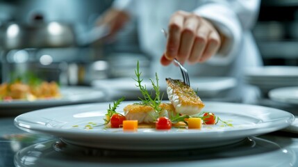 luxury dinner plate on set table in restaurant, vegatable fish dish getting the finishing touch with a pincet by chef