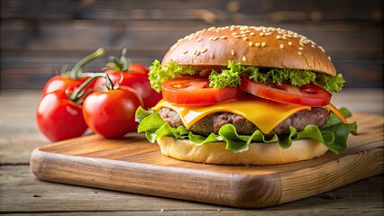 Canvas Print - Close up of a cheeseburger and tomato slices on a cutting board, cheeseburger, tomato, cutting board, close up, food, burger