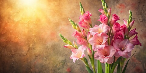 Wall Mural - Pink gladiolus flowers on a textured vintage background with a warm light effect , gladiolus, pink, flowers, vintage