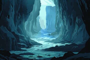 Mystical blue canyon landscape with river and distant light