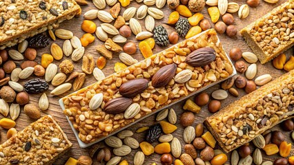 Wall Mural - Almond cereal bar surrounded by corn flakes, almonds, sunflower seeds, chocolate chips, and pumpkin seeds, healthy, snack