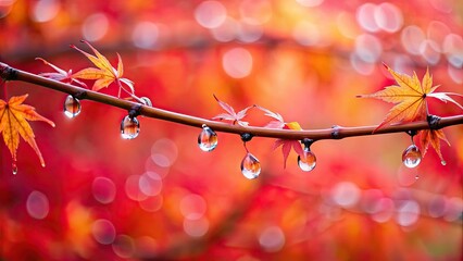 Canvas Print - Extreme close-up of wet maple tree branch with rain drops against soft red blur background, maple, tree, branch, close-up, wet