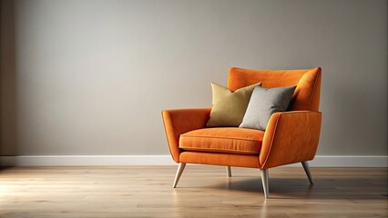 Canvas Print - Modern orange velvet armchair with accent pillow, render, modern, orange, velvet, upholstery