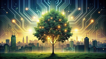 Poster - Lighted circuit board with trees and cities , technology, circuit board, electrical, lights, cityscape, urban, trees