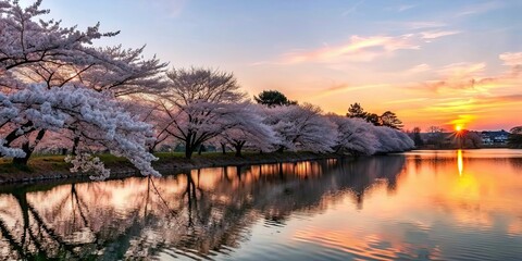 Canvas Print - Beautiful cherry blossom trees in full bloom by a tranquil lake at sunset, cherry blossom, trees, full bloom, tranquil, lake