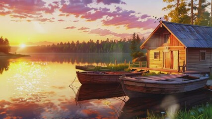 Wall Mural - house on the lake with sunset background.Seamless 4k time lapse virtual video animation background