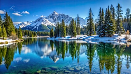 Sticker - Snowy mountain landscape with pine trees, a calm lake, and a clear blue sky, snow, mountain, landscape, winter, pine trees, lake