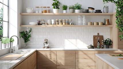 A Scandinavian modern kitchen with light wood cabinets, white subway tile backsplash, and minimalist floating shelves. The space is illuminated by natural light through large windows and accented