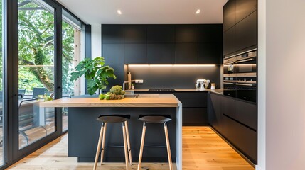 A compact minimalist kitchen design with a galley layout, featuring matte black cabinets, quartz countertops, and a small breakfast bar with minimalist stools. The design maximizes space efficiency