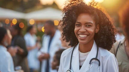 Poster - Portrait of smiling african american female doctor at outdoor party.